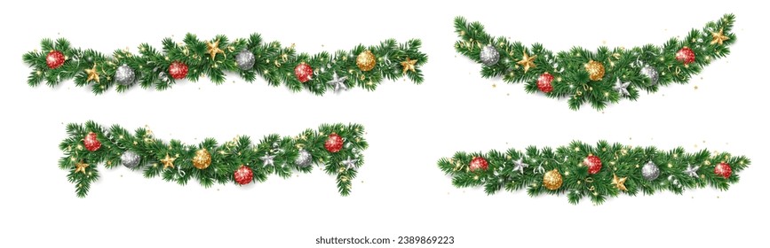 Christmas holiday decoration. Fir tree garland, divider. Gold and red glitter ornaments. Sparkling balls, stars and ribbons. For new year banners, headers, cards, party posters. Vector.