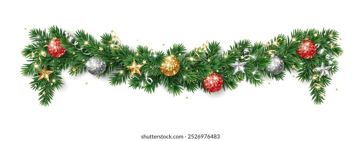 Christmas holiday decoration. Fir tree garland, divider. Gold and red glitter ornaments. Sparkling balls, stars and ribbons. For new year banners, headers, cards, party posters. Vector.