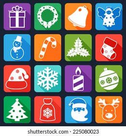 Christmas holiday decoration flat icons set with gift box wreath bell angel isolated vector illustration
