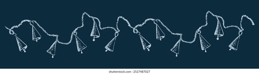 Christmas holiday decoration garland of golden jingle bells on the rope. Festive pattern with banner with bronze sleigh bells handing for christmas greeting card. Vector Illustration.