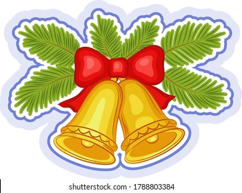 Christmas Holiday Decoration, Golden Bells with Red Bow and Green Fir Branches Isolated on White Background. Vector