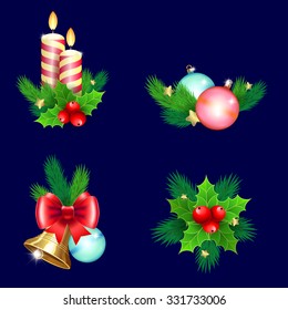 Christmas holiday decoration. Icon set with candles, bells, branches and bow.  Isolated vector illustration   for  Christmas posters, icons, greeting cards, print projects.