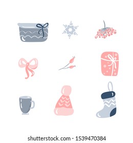 Christmas holiday decoration icons set with leaves, hat, socks, ribbon and other items. Elements isolated vector illustration bundle