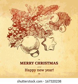 Christmas holiday decoration. Christmas & New year holidays vector hand drawn illustration with Xmas wreath decoration with balls and holly