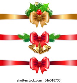 Christmas holiday decoration with red and gold ribbons. Set with branches and holly berry. Vector illustration for Christmas posters, icons, Christmas greeting cards, Christmas print and web projects.