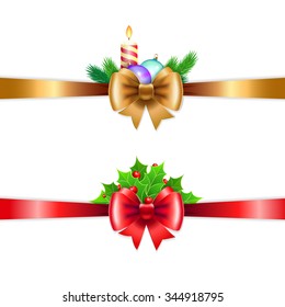 Christmas holiday decoration with ribbons. Set with candles, holly berry and christmas ball. Vector illustration for Christmas posters, Christmas greeting cards, Christmas print and web projects.