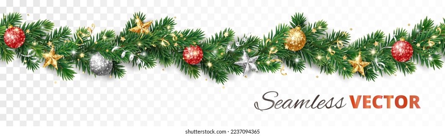 Christmas holiday decoration. Seamless fir tree garland, divider. Gold and red glitter ornaments. Sparkling balls, stars and ribbons. For new year banners, headers, cards, party posters. Vector.