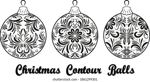 Christmas Holiday Decoration, Set Balls with Floral Pattern, Contours. Vector