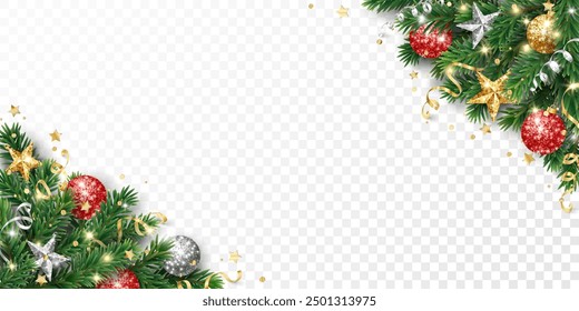 Christmas holiday decoration. Christmas tree corner frame. Gold and red glitter ornaments, stars. For new year headers, banners, party posters. Transparent background can be removed in vector file.