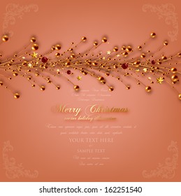 Christmas Holiday Decorations, Xmas Tree Branches With Golden Berries. Vector