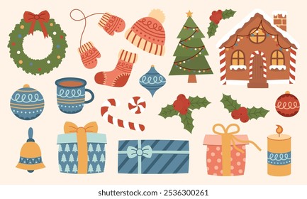 colección de Elementos decorativos de vacaciones de Navidades. Conjunto de artículos de invierno dibujados a mano planos lindos. Bastón de caramelo, juguetes y corona de Navidad, rama de acebo, árbol, casa de jengibre, cajas de regalo. 