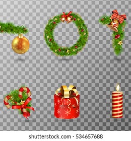 Christmas holiday decorative elements set isolated on transparent background. Pine branch with golden ball, wreath, jingle bells, red ribbon bow, candle, christmas gift box, candy cane. vector 