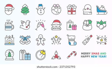 Christmas Holiday Decorative Icons. Seasonal Vector Symbols and Colorful Linear Illustrations. 