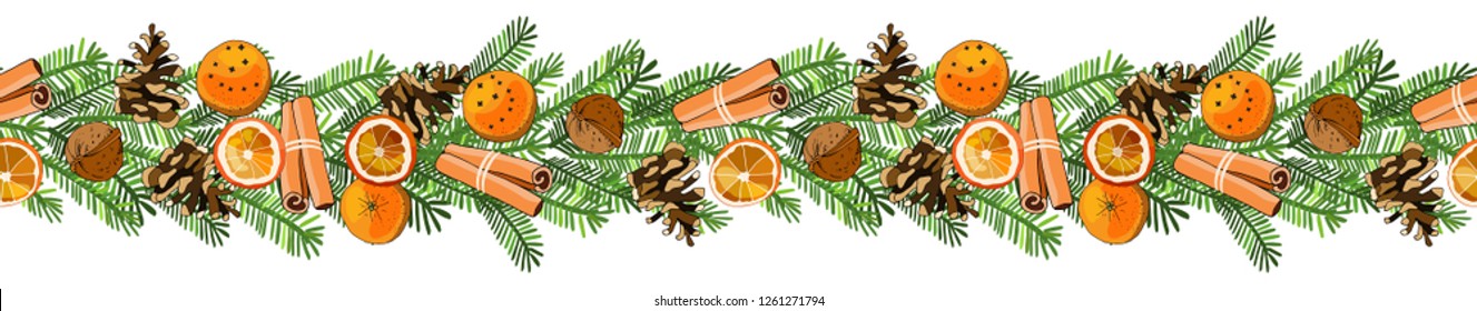 Christmas holiday decorative seamless border of tree branches with clove orange, cinnamon, cone, holly, mistletoe. Vector hand drawn garland for Christmas cards