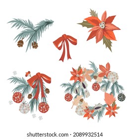 Christmas holiday decorative symbols and elements set for cards and prints design, hand drawn flat vector illustration isolated on white background.
