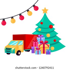 Christmas holiday delivery car with gift box. Internet logistic concept. Vector flat cartoon graphic design isolated illustration concept