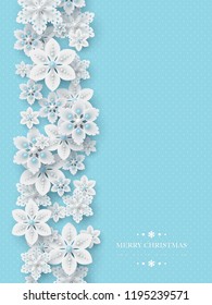 Christmas holiday design. 3d decorative snowflakes with shadow and pearls. Blue dotted background with greeting text. Vector illustration.