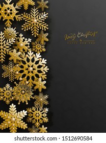 Christmas holiday design with 3d golden snowflakes on black background. Elegant vertical postcard with left border in paper cut style. Vector illustration