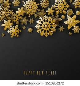 Christmas holiday design with 3d golden snowflakes on black background. Elegant postcard with upper border. Vector illustration