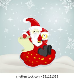 Christmas Holiday Design. Abstract Christmas Greeting Card. Santa Claus Carrying Sack Full Of Gifts. Vector Illustration