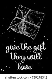 Christmas holiday design gift box giving greeting background concept from top. New Year surprise illustration with calligraphy festive quotes. Vector.
