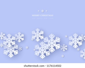 Christmas holiday design with paper cut style snowflakes. Blue background with greeting text. Vector illustration.