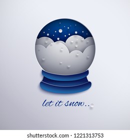 Christmas holiday design, paper cut out snow globe decoration with snowflakes, snowdrifts, blue background for greeting card, banner, poster, invitation, paper cut out art style, vector illustration