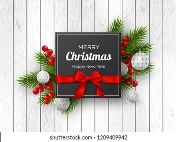 Christmas holiday design. Realistic 3d balls, fir-tree branches, berries and label with silk bow on wooden texture. New Year background. Vector illustration.