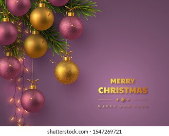 Christmas holiday design. Realistic glitter balls, fir-tree branches and lights garland. New Year purple background. with greeting text Vector illustration.