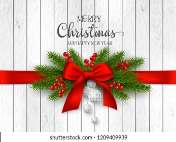 Christmas holiday design. Realistic silk red bow with ribbon, 3d balls, fir-tree branches, berries on wooden texture. New Year background. Vector illustration.