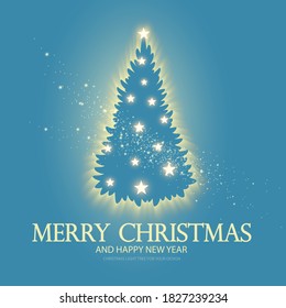 Christmas holiday design template with shining fir trees. Soft light effect. Coniferous winter forest with glitter, stars and shine.