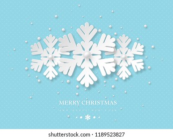 Christmas holiday design. Three paper cut style snowflakes with shadow and pearls. Blue dotted background with greeting text. Vector illustration.