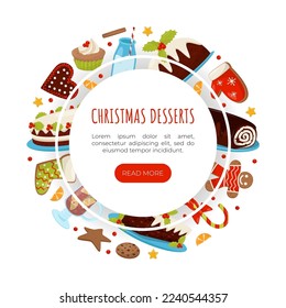 Christmas Holiday Dessert Banner Design with Muffin, Cookie and Candy Cane Vector Template