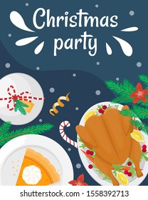 Christmas holiday dinner. Flat lay with turkey with cranberries, pumpkin pie, champagne, fir branches and gifts. Christmas party poster.