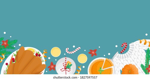 Christmas holiday dinner. Flat lay with turkey with cranberries, pumpkin pie, champagne, fir branches and gifts.