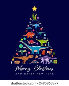 Christmas holiday dinosaurs tree with Xmas gifts, balls, snow and star, vector Merry Christmas and New Year holidays. Cartoon tyrannosaurus, styracosaurus and eoraptor, jurassic dinosaurs Xmas tree