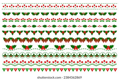 Christmas holiday dividers stripes with traditional holly leaves berries set for Christmas card and invitation design. 	
