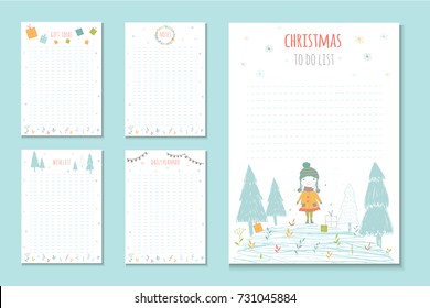 Christmas holiday to do lists, cute notes with winter vector illustrations. Template for party organization, greeting and journaling cards, invitations, gifts decoration, stationery.