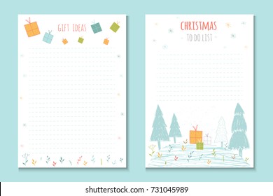 Christmas holiday to do lists, cute notes with winter vector illustrations. Template for party organization, greeting and journaling cards, invitations, gifts decoration, stationery.