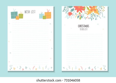 Christmas holiday to do lists, cute notes with winter vector illustrations. Template for party organization, greeting and journaling cards, invitations, gifts decoration, stationery.