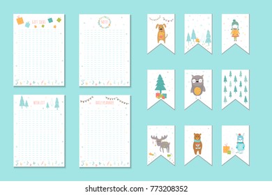 Christmas holiday to do lists, planner, cute notes with winter vector illustrations. Template for party organization, greeting and journaling cards, invitations, gifts decoration, stationery.