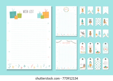 Christmas holiday to do lists, planner, cute notes with winter vector illustrations. Template for party organization, greeting and journaling cards, invitations, gifts decoration, stationery.