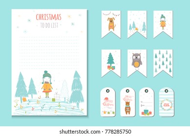 Christmas holiday to do lists, planner, cute notes with winter vector illustrations. Template for party organization, greeting and journaling cards, invitations, gifts decoration, stationery.