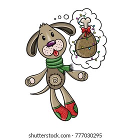 Christmas holiday Dog -  cute cartoon doodle puppy and a dream about New Year gift.