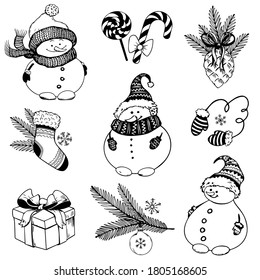 Christmas holiday doodle set with cute snowmen, gifts and decoration. Black and white vector Illustration.