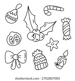 Navidades de vacaciones doodle conjunto en simple. Navidades doodles con regalos, pan de jengibre, vela, adornos y guirnalda festiva, perfecto para colorear páginas, tarjetas, pegatinas y diseños de vacaciones.