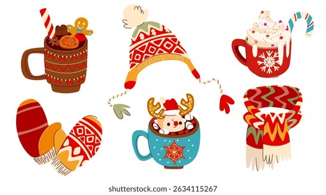 Christmas holiday drinks and clothes - hot chocolate with marshmallow reindeer, gingerbread spicy beverage, peppermint mocha topped with whipped cream and candy cane, knitted hat, scarf and gloves.