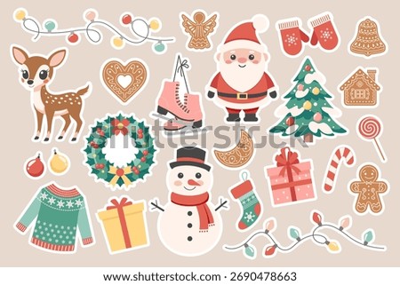 Christmas holiday elements collection. Cute winter holiday stickers. Santa snowman candies christmas tree garland reindeer gingerbreads skates. 