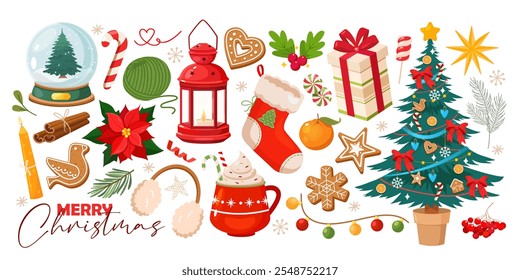 Christmas holiday elements includes winter berries, gingerbread cookies, holiday tree, lantern and canles, gift box, etc.