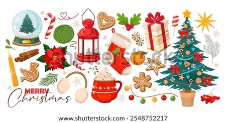 Christmas holiday elements includes winter berries, gingerbread cookies, holiday tree, lantern and canles, gift box, etc.